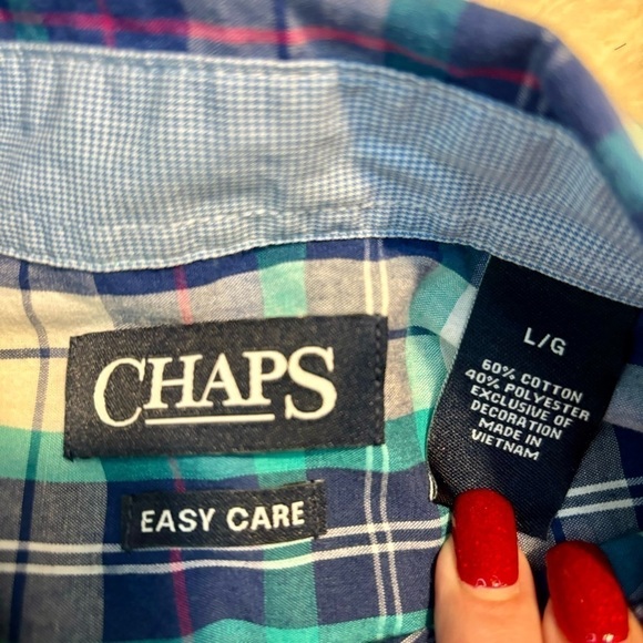 Chaps Button-Down Shirt Large Blue Teal Green White Plaid Easy Care Short Speve - Picture 5 of 9